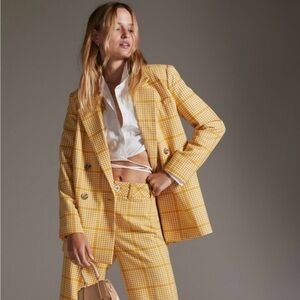 Anthropologie Maeve Retro Plaid Tartan Blazer Yellow 12